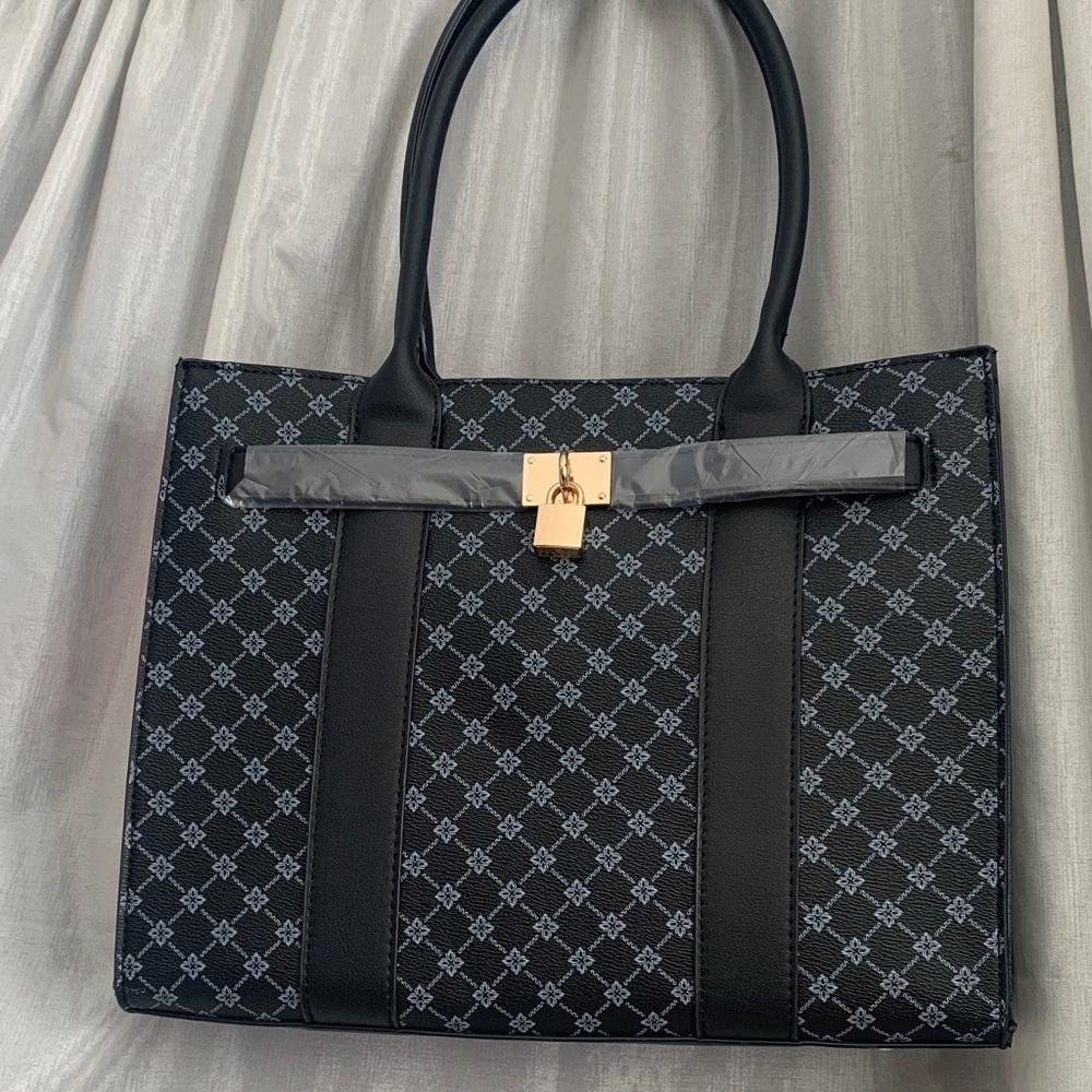 Black Patterned Tote with Gold-Tone Lock